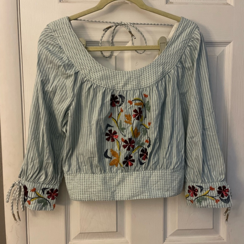 Anthropologie Beaded Puffed 3/4 Sleeve Blouse XS